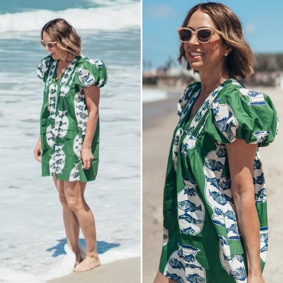 Hunter Bell Wilkes Dress Herring Green Puff Sleeve Cotton Size Medium NWT - Picture 15 of 17